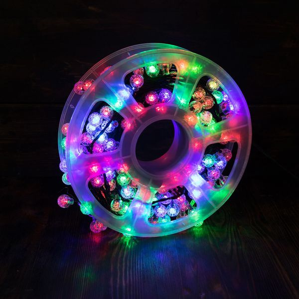 Новогодняя уличная линейная гирлянда в катушке, 500 LED, разноцветная, тёмный провод, глянцевые шарики, #1