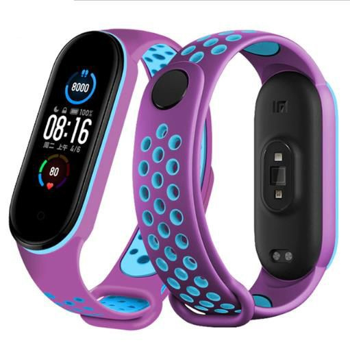 Силиконовый ремешок для фитнес браслета Xiaomi Mi Band 5/ 6 и Mi band 7 , сиреневый с голубыми отверстиями #1