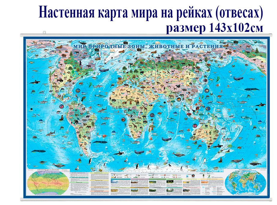 Настенная карта на рейках"Мир. Природные зоны, животные и растения" Размер 143х102  #1