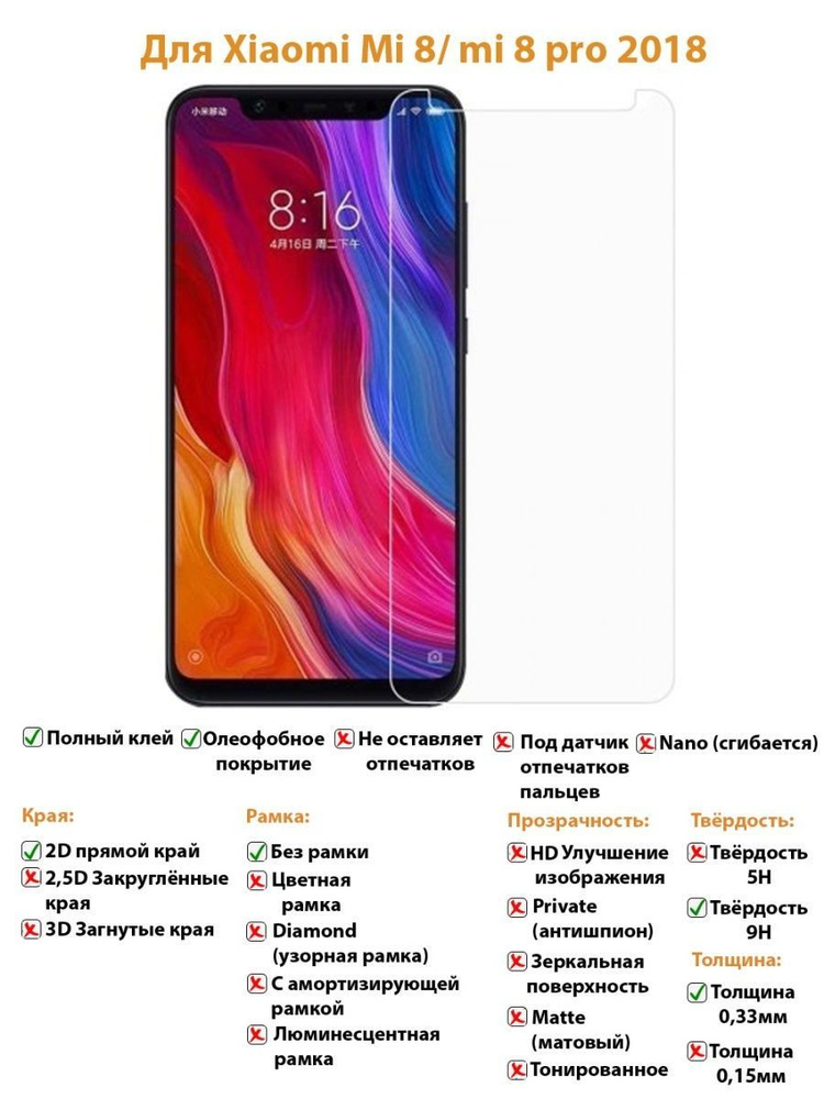 Защитное стекло для Xiaomi Mi 8 / 8 Pro / 8 Explorer без рамки #1