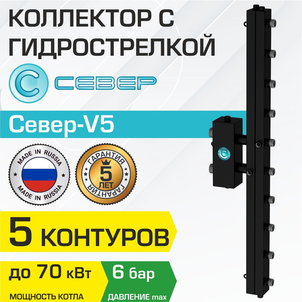 Коллектор+гидрострелка Север V5 (5 контуров) до 70 кВт, 1 1/4" x 1", квадратный профиль / Вертикальный #1