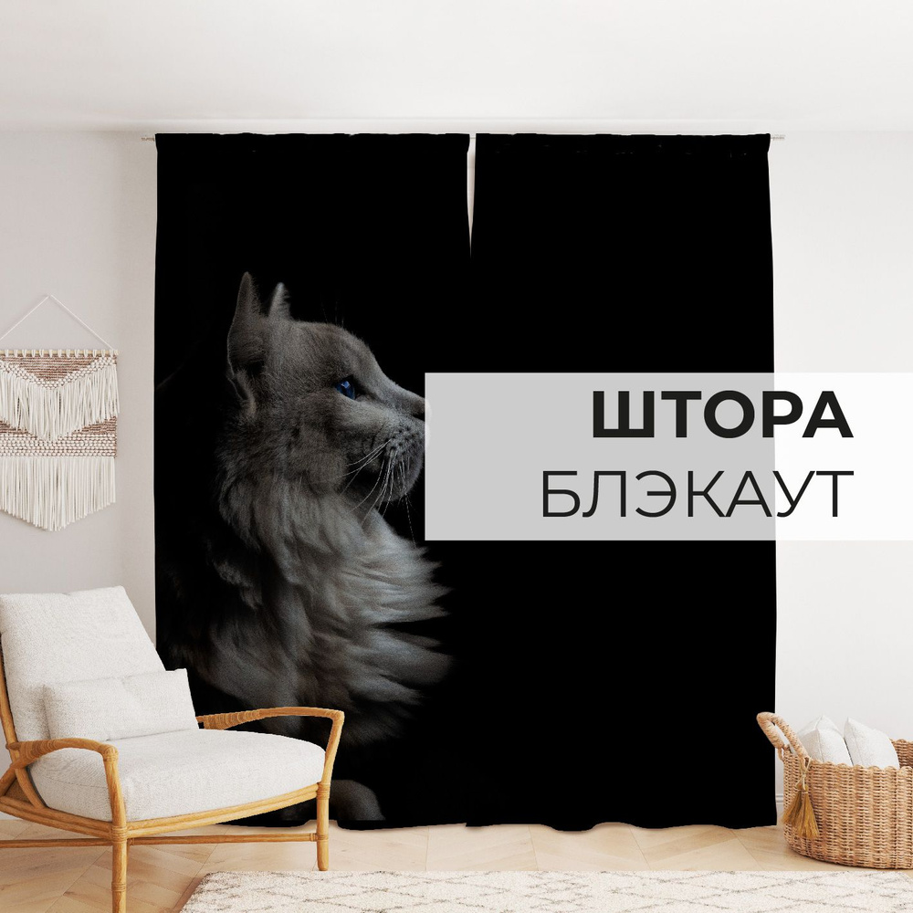 Фотошторы Блэкаут "Кот" 1,45х2,6м, комплект 2шт, шторы для спальни, гостиной, кухни, в подарок  #1