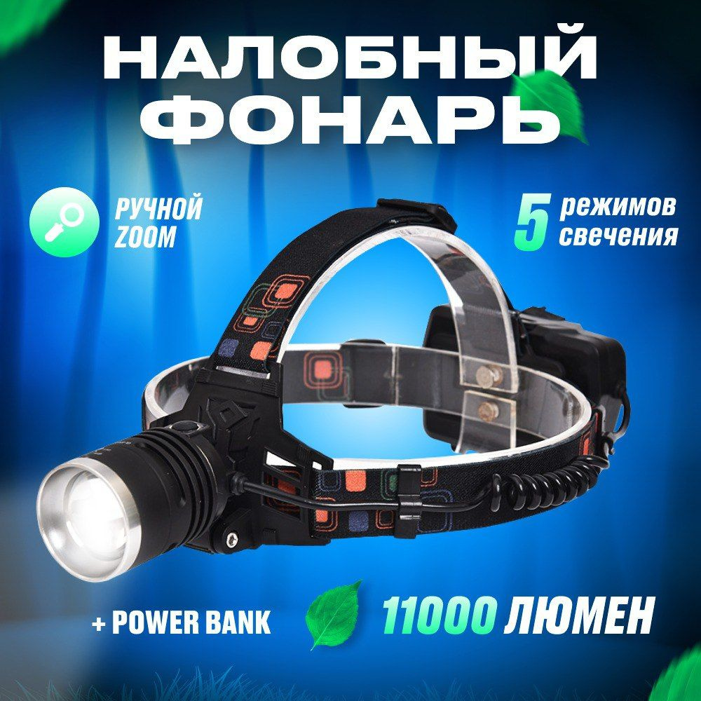 Фонарь налобный сверхмощный, светодиодный, с зумом, с 3 съемными аккумуляторами, в комплекте зарядка #1