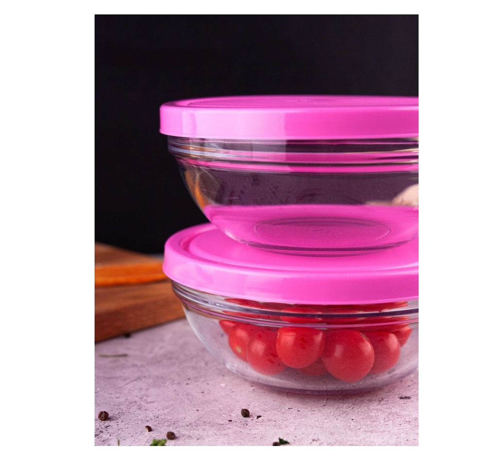 Набор салатников стеклянных 2 шт 300мл с розовой крышкой для подачи блюд CHEF's d17см  #1