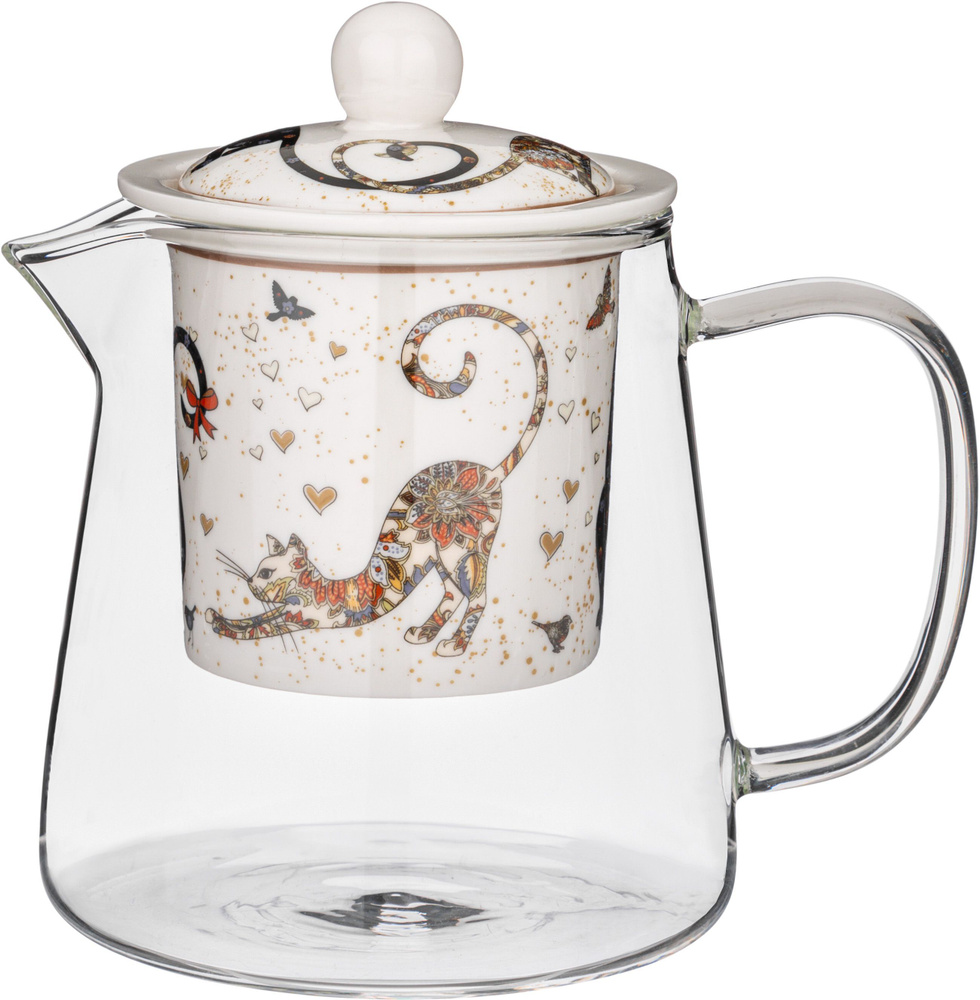 Чайник заварочный стеклянный с фарфоровым ситом Lefard "Парижские коты" 400 мл  #1