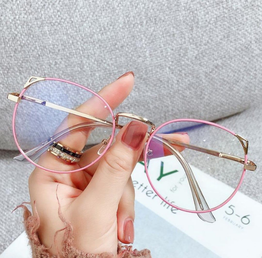 Имиджевые круглые очки с прозрачными стеклами без диоптрий, розовые с золотистыми ушками  #1