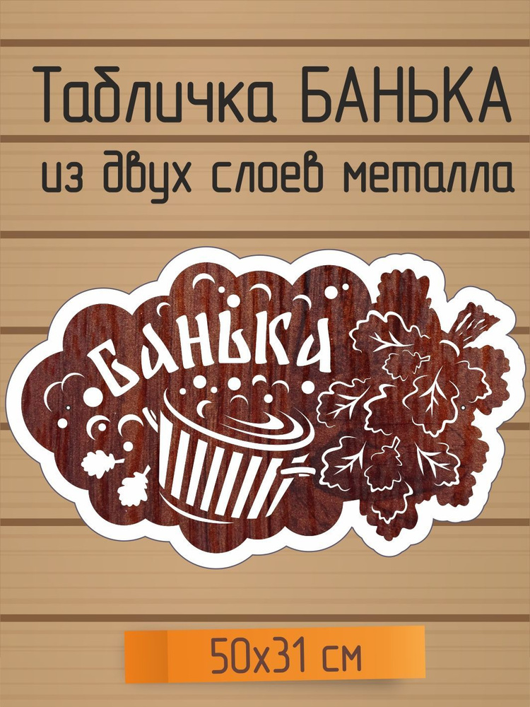 Табличка Банька, цвет под дерево, из двух слоев металла на фасад бани  #1