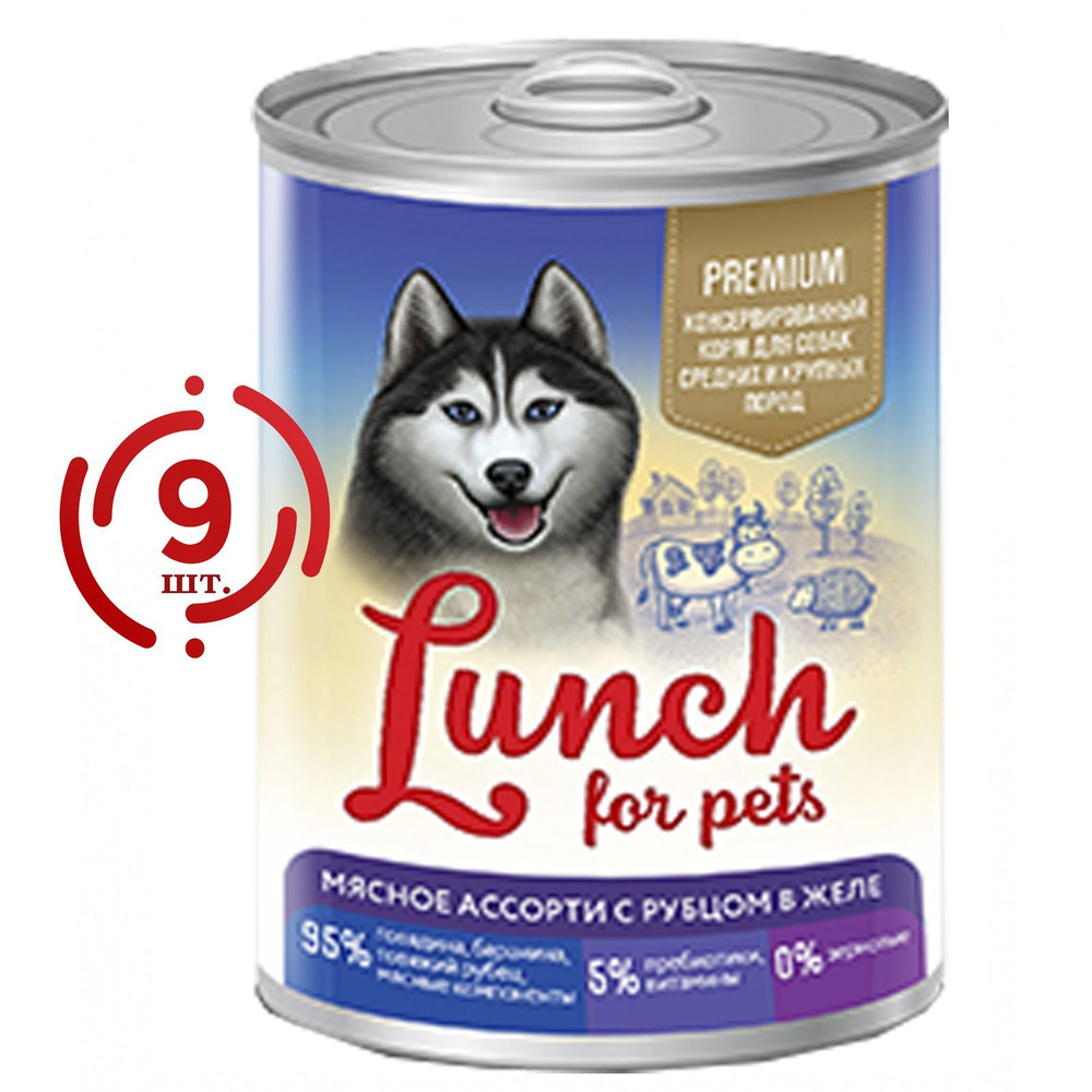 Корм для собак влажный Lunch for Pets мясное ассорти с рубцом, кусочки в желе (400гр*9шт)  #1