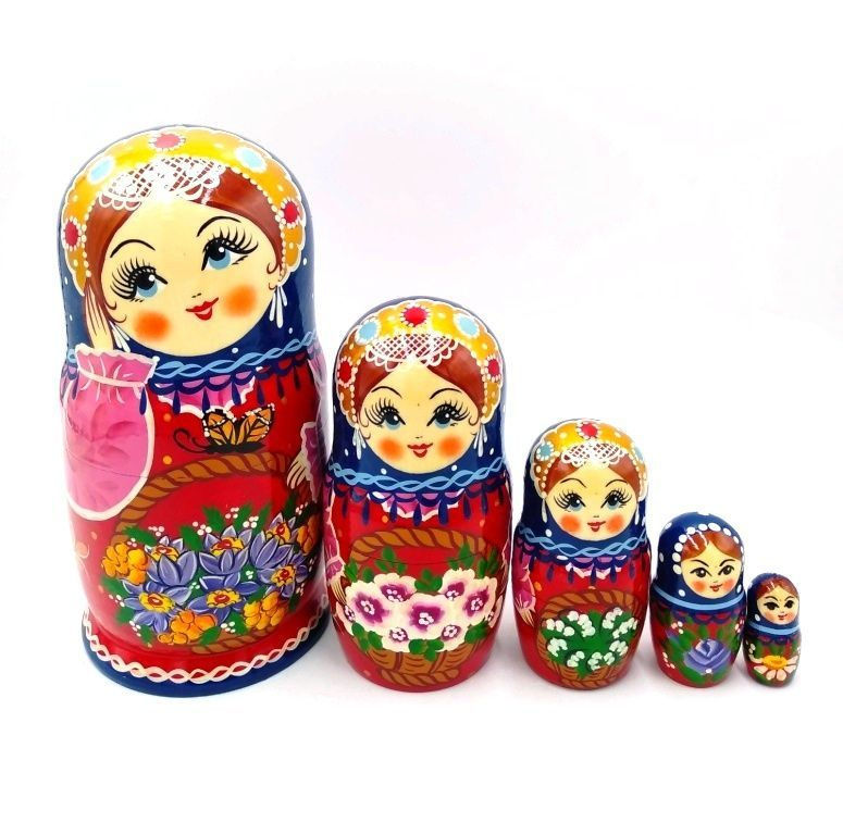 Матрешка деревянная 5 мест 18 см Красно-синяя, детская, авторская. Русский сувенир подарок ребенку на #1