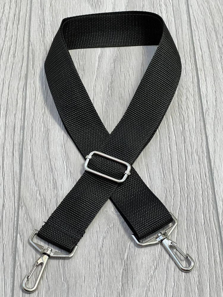 Ремень для сумки плечевой текстильный 40 мм с серебристыми карабинами (классический черный)  #1