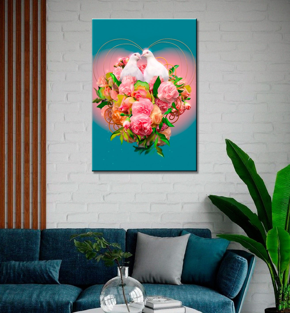 Картина на холсте для интерьера Голуби, цветы птицы пара, любовь верность (1) 40х60  #1