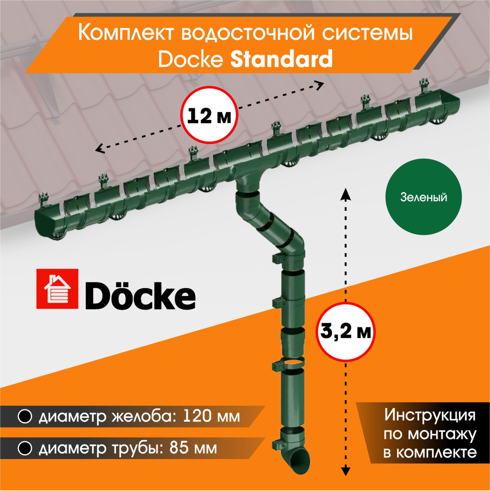 Водосточная система для крыши комплект Docke Standard RAL 6005 водосток для  крыши дома для ската 12м, зеленый - купить с доставкой по выгодным ценам в  интернет-магазине OZON (1034608412)