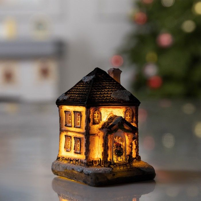 Светодиодная фигура "Дом" из керамики на батарейках, свечение тёплое белое, новогоднее интерьерное украшение, #1