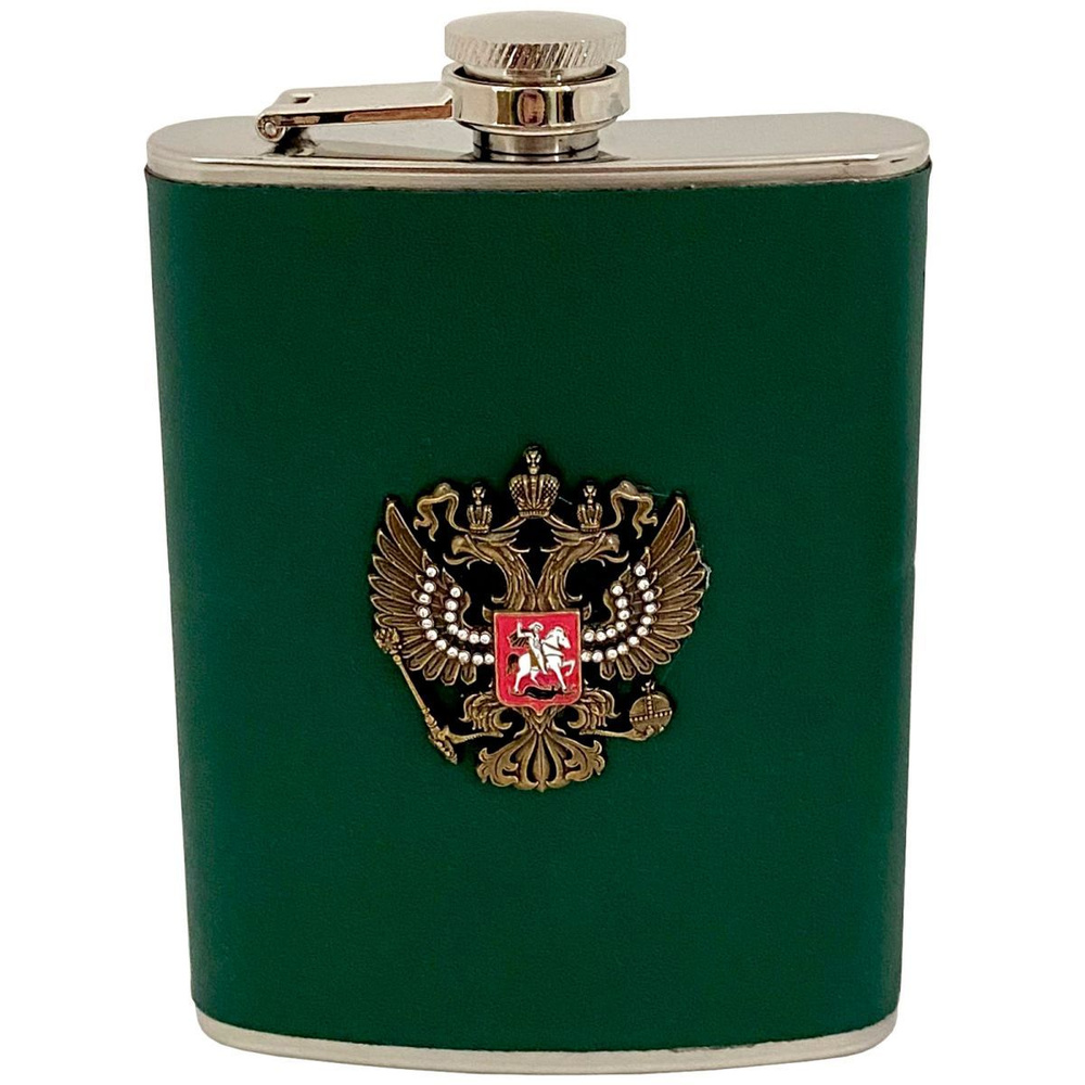 Фляга Voenpro зеленая, кожа, герб РФ со стразами, 9 унций #1