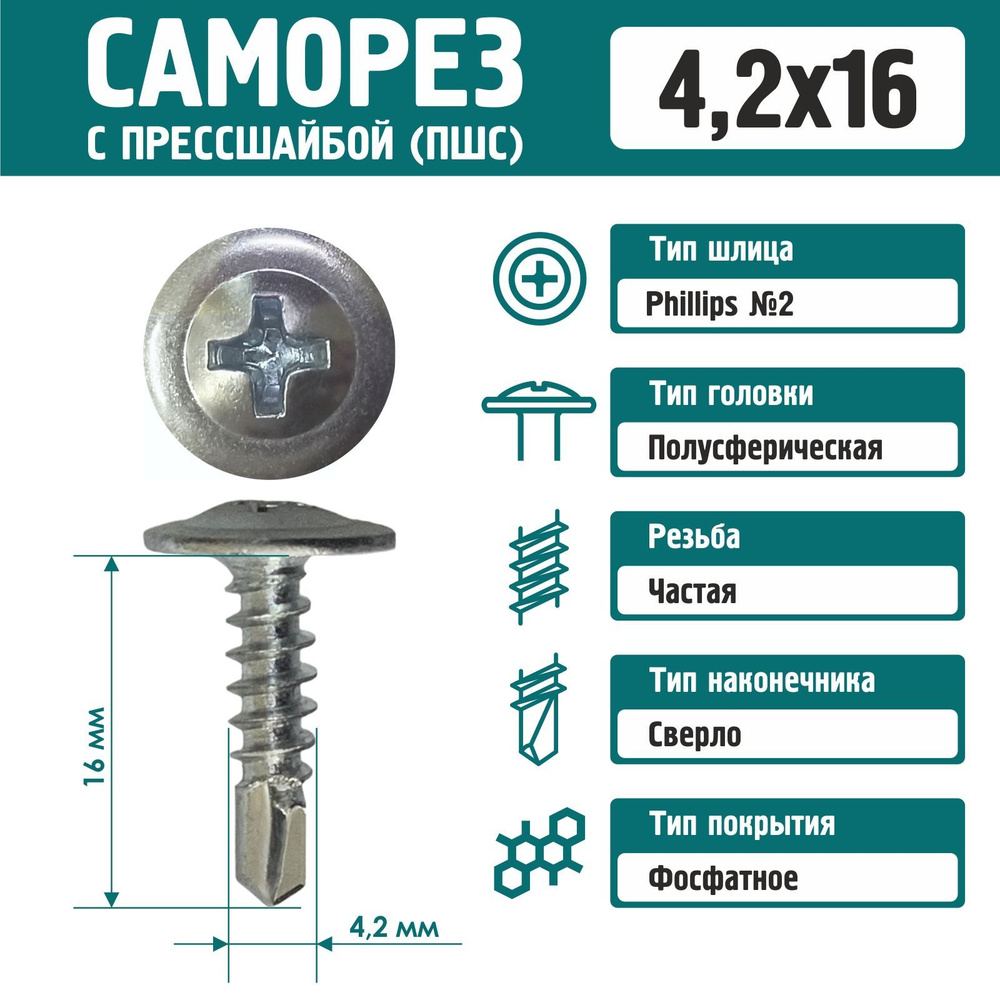 Саморез Rizzel с пресшайбой сверло 4,2х16 цинк (500 шт) #1