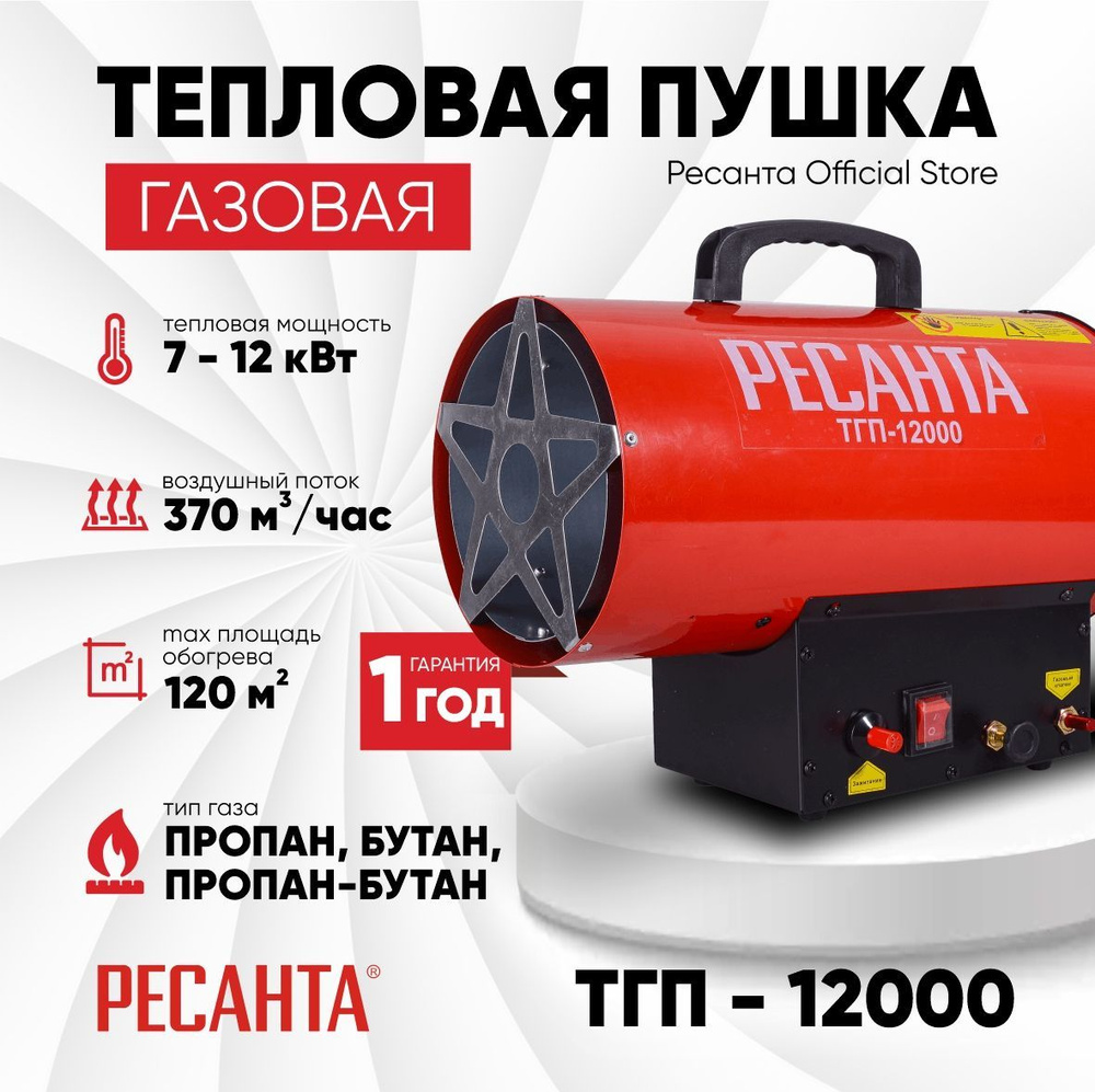 Тепловая газовая пушка ТГП-12000 Ресанта / 370 м3/ч, мощность 12 кВт  #1