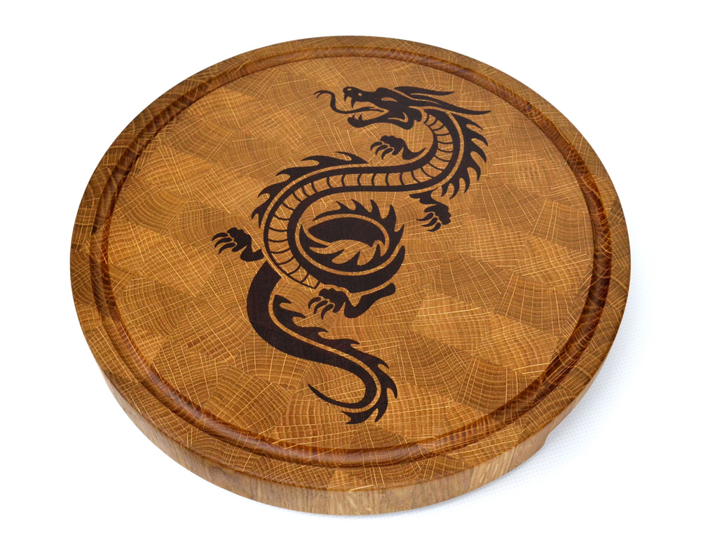 Торцевая доска "Дракон" Wooden Plate, 29 см, для разделки, сервировки, подачи, дуб/ясень/сапеле красное #1