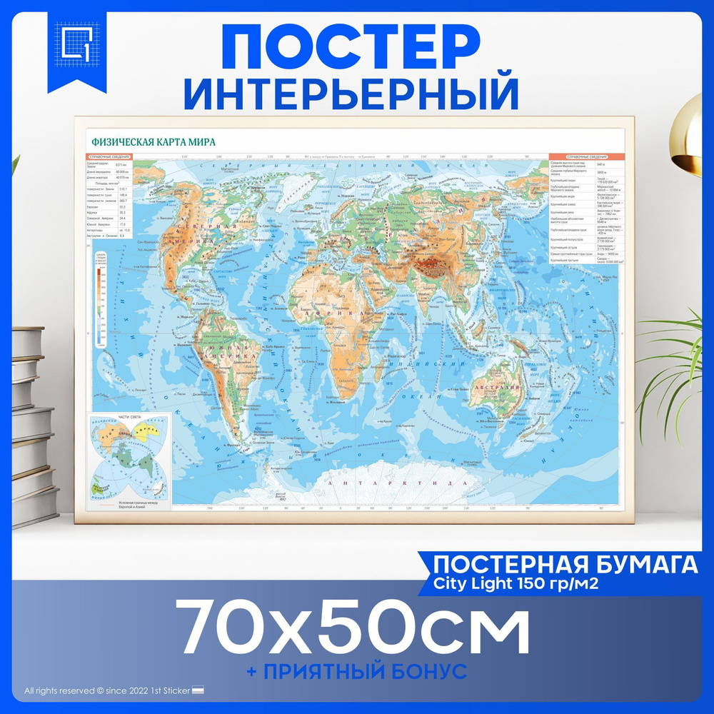 1-я Наклейка Постер "Физическая карта мира 1 сентября", 70 см  #1