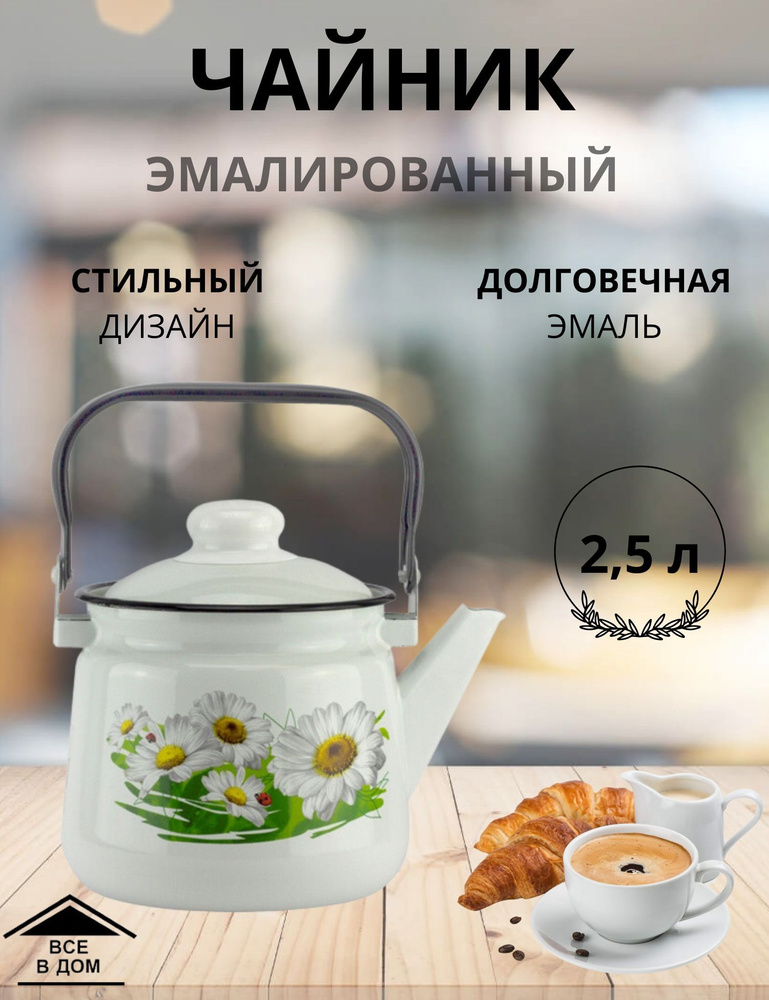 Чайник эмалированный для плиты с крышкой 2,5л. Ромашковое поле МАГНИТОГОРСК  #1