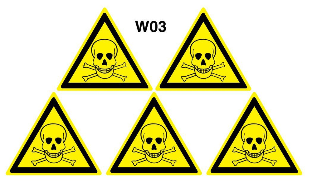 Несветящийся, плоский, треугольный, жёлтый предупреждающий знак W03 Опасно. Ядовитые вещества (самоклеящаяся #1