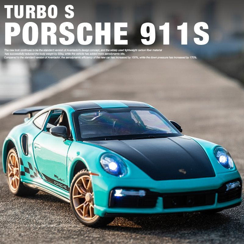 Машинка металлическая Porsche 911 Turbo S Порш зеленый, масштаб 1:24, длина 21 см., свет и звук, открываются #1