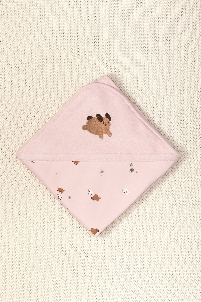 Махровое детское полотенце с уголком для новорожденных 85 на 85 см, К 8500/бежево-розовый(собачка)  #1