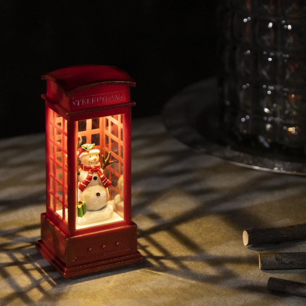Светодиодная фигура Снеговик в телефонной будке 5.3 x 12 x 5.3 см, пластик, батарейки AG13х3, свечение #1