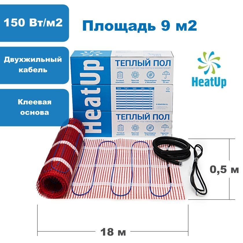 Теплый пол нагревательный мат под плитку HeatUp 9 м2 / 1350 Вт #1