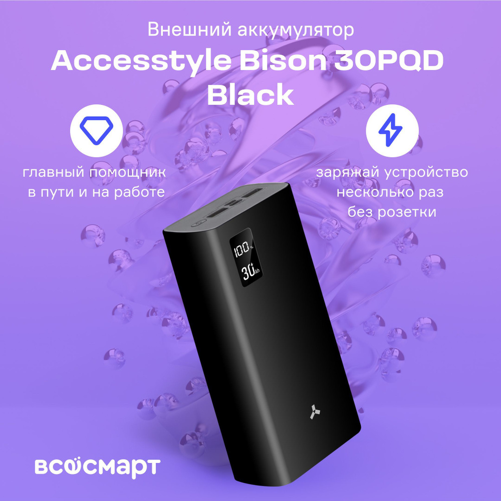 Внешний аккумулятор Accesstyle Bison 30PQD, 30000 мАч USB Type-A, USB Type-C быстрая зарядка  #1