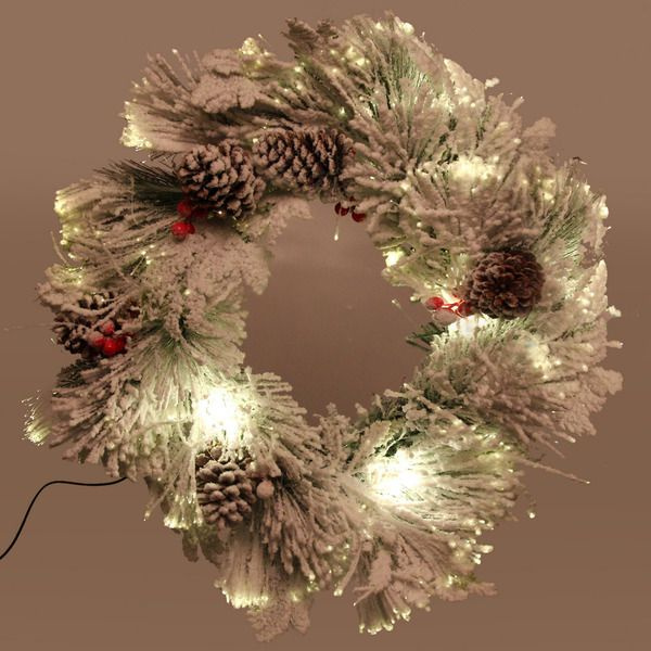 Венок хвойный новогодний "Заснеженный сад" d-50 см светодиодный, ПВХ, леска, белое напыление,свечение #1