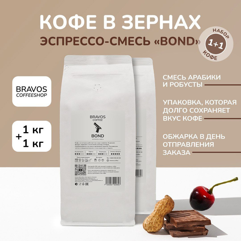 Кофе в зернах 2 кг, Эспрессо-смесь Bond , свежеобжаренный черный , арабика 100%, натуральный жареный, #1