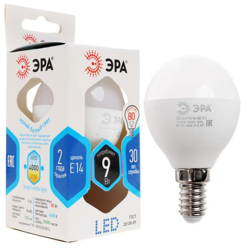 Лампа светодиодная ЭРА LED smd P45-9w-840-E14 E14, 9 Вт, 720 лм, 4000 K, 170-265 В /50-60 Гц  #1