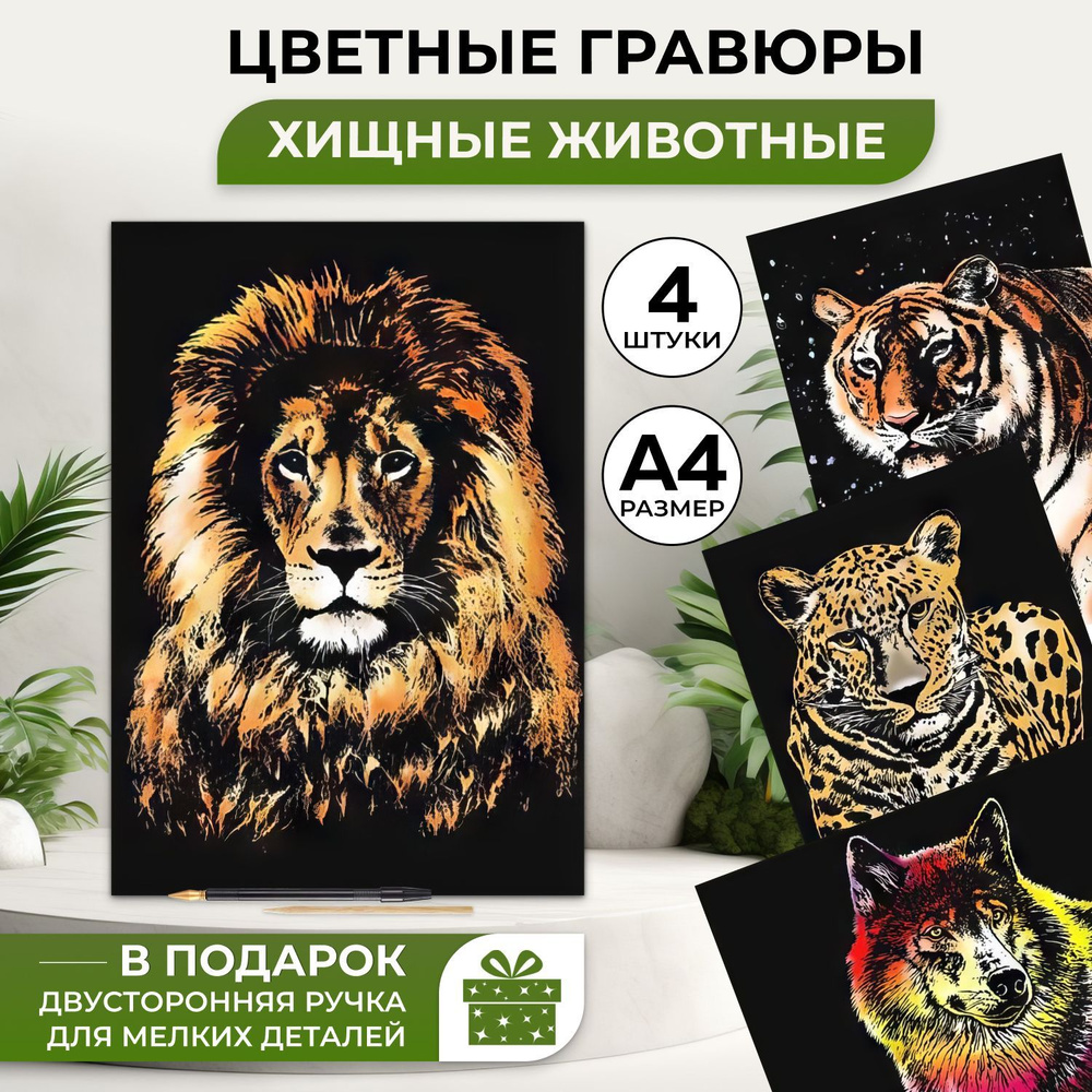 Набор цветных гравюр (Scratch cards) Magical Animals 4 картины формата А4  #1