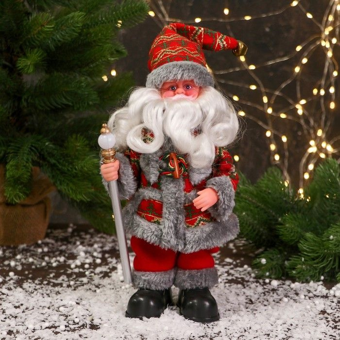 Дед Мороз "Цветной шубке и с фонариком на посохе" 30 см, двигается, красно-серый  #1