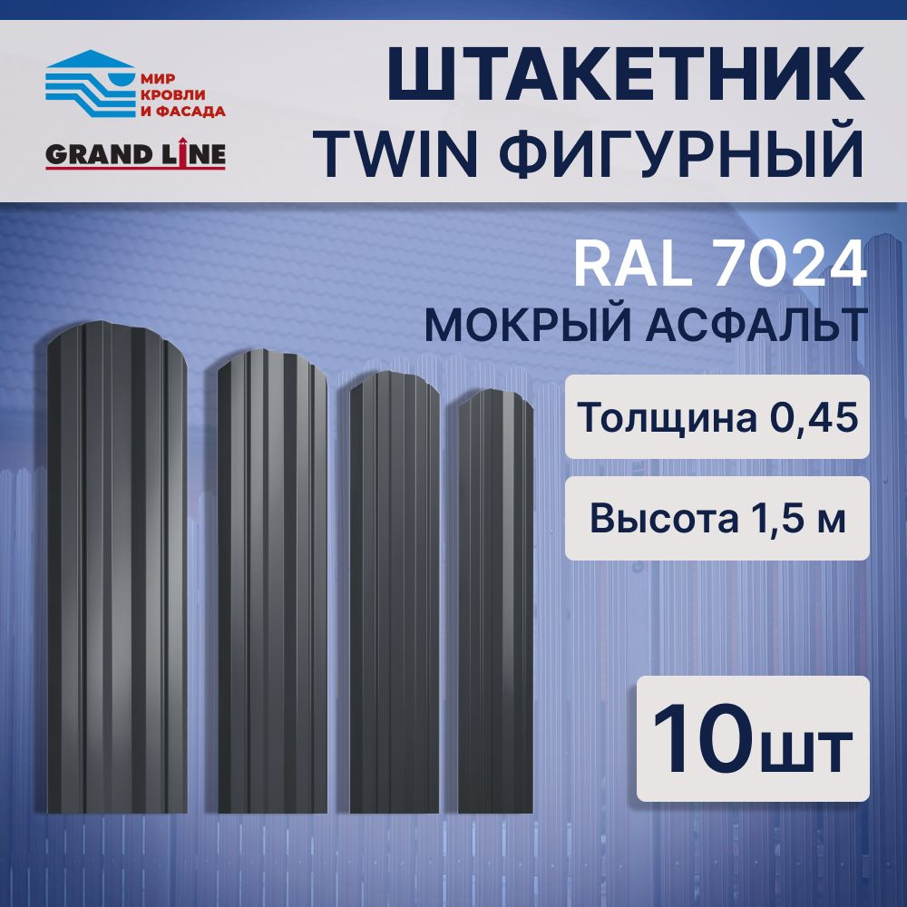 Штакетник металлический (евроштакетник), 10шт TWIN с закруглением цвет темно серый RAL 7024, высота 1,5м, #1