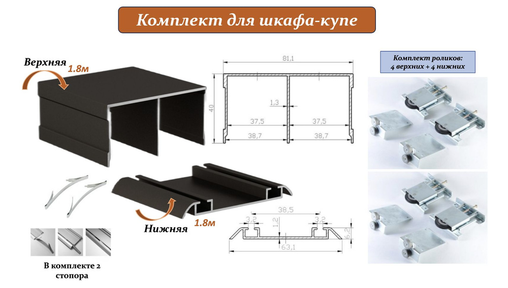 Комплект для шкафа-купе: усиленные ролики с регулировкой Mebax, 80кг (4 верхних/ 4 нижних) + направляющая #1