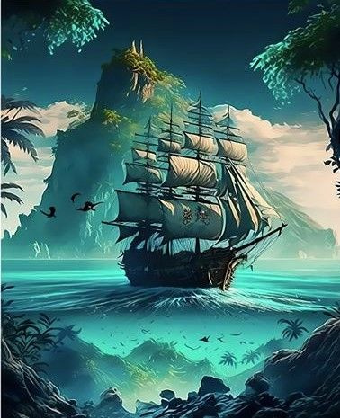 Картина по номерам на холсте 40*50 см "Пиратский корабль в бухте"  #1