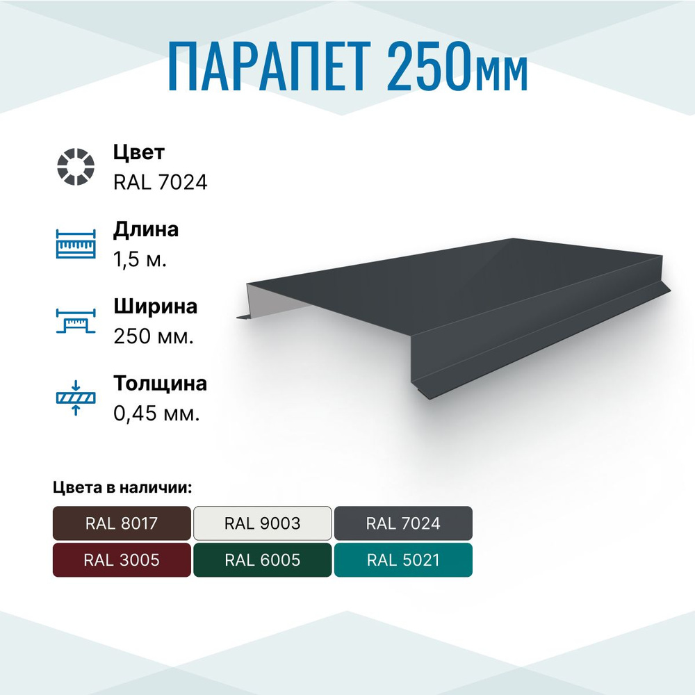 Парапет металлический прямой 250х30, длина 1.5м, RAL 7024, 5 шт. в упаковке  #1