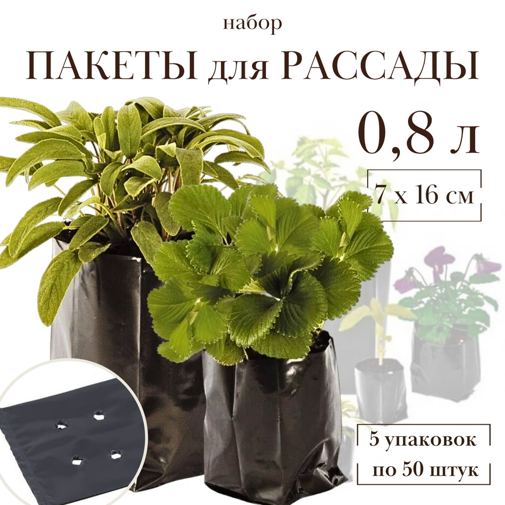 Пакеты для рассады п/эт 0,8 литра, набор 5 упаковок по 50 штук, размер 7х16 см  #1