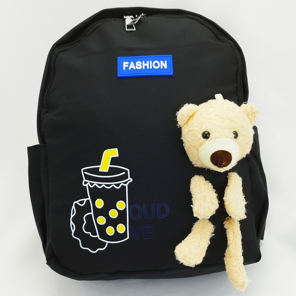 Рюкзак деткий с Мишкой, цвет - черный / Маленький легкий дошкольный рюкзачек с мягкой игрушкой  #1