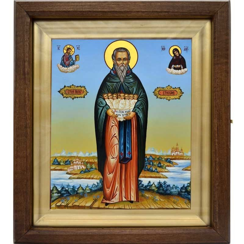 Стилиан Пафлагонский с предстоящими Богородицей и Спасителем. Рукописная икона на живописном фоне.  #1