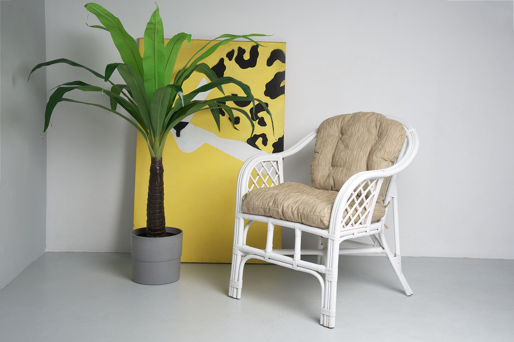Кресло Маркос из натурального ротанга с бежевой подушкой, цвет белый , 70х75х85 см  #1