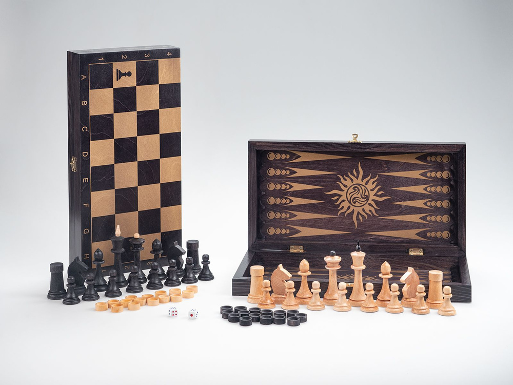 Игра 3в1 малая черная, рисунок золото с гроссмейстерскими деревянными шахматами "Объедовские" (нарды, #1