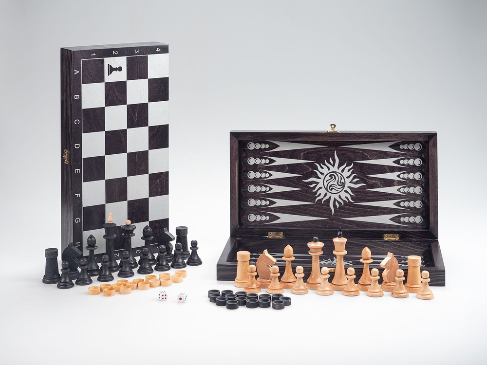 Игра 3в1 малая черная, рисунок серебро с гроссмейстерскими деревянными шахматами "Объедовские" (нарды, #1
