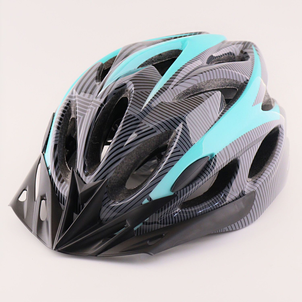 Шлем велосипедный с задним фонарем LED, USB зарядка (карбон, голубой, +козырек) L  #1