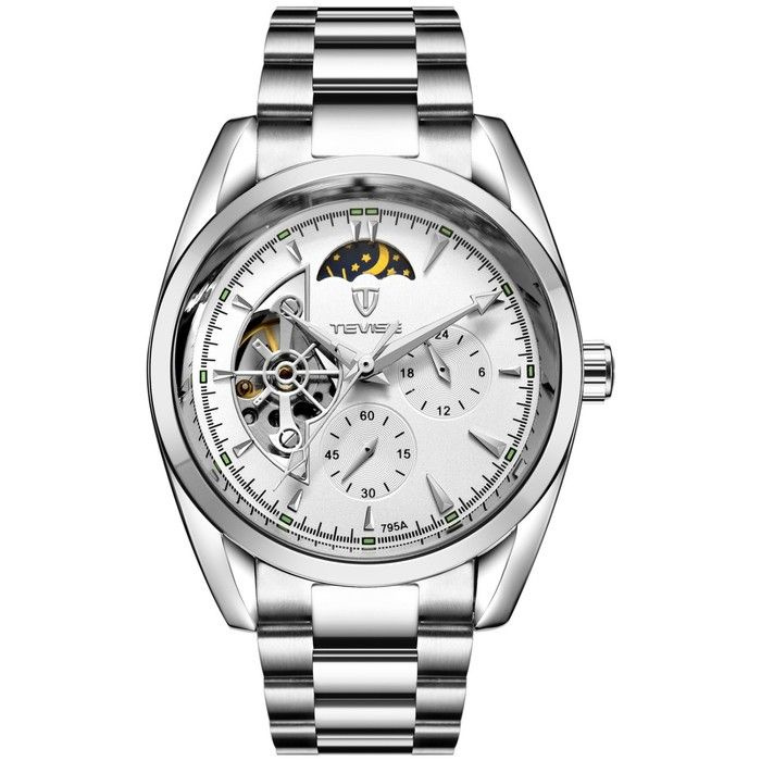 Часы наручные механические мужские, d-4.2 см, с хронографом, 3 АТМ, светящиеся, серебро  #1