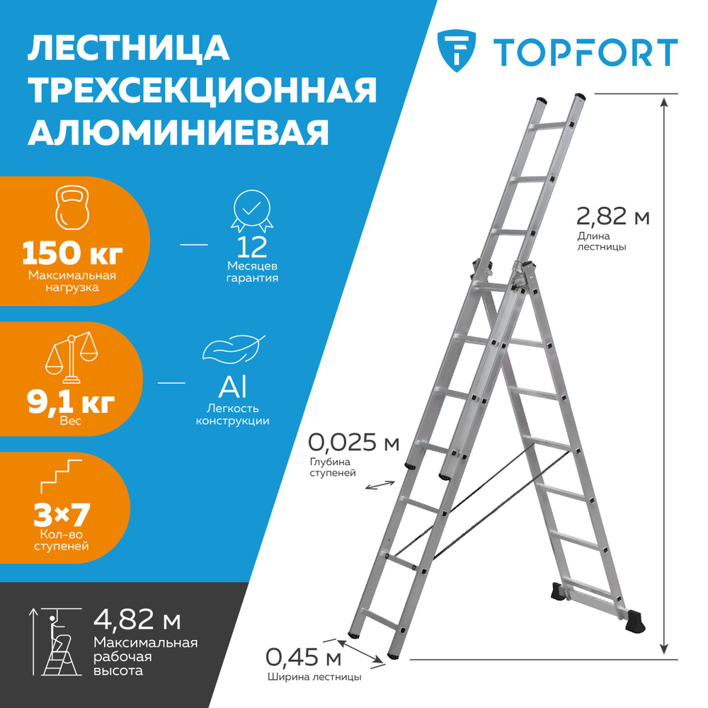 Лестница телескопическая TOPFORT Лестница универсальна, количество секций:  3 - купить по выгодным ценам в интернет-магазине OZON (1034680571)