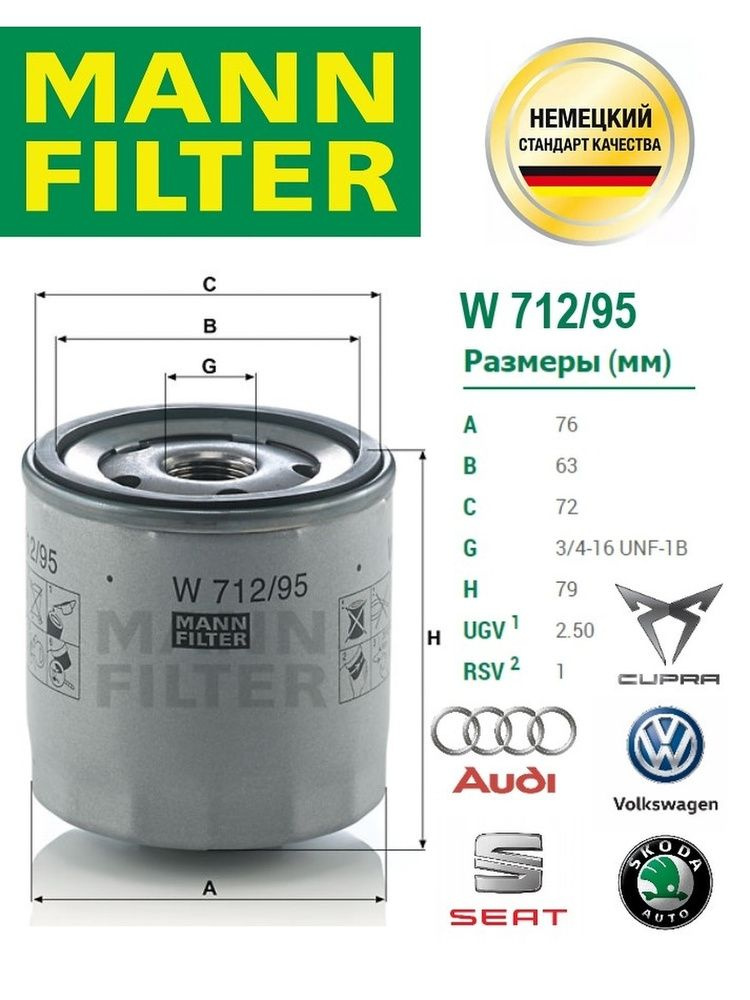 MANN FILTER Фильтр масляный арт. W712/95, 1 шт. #1