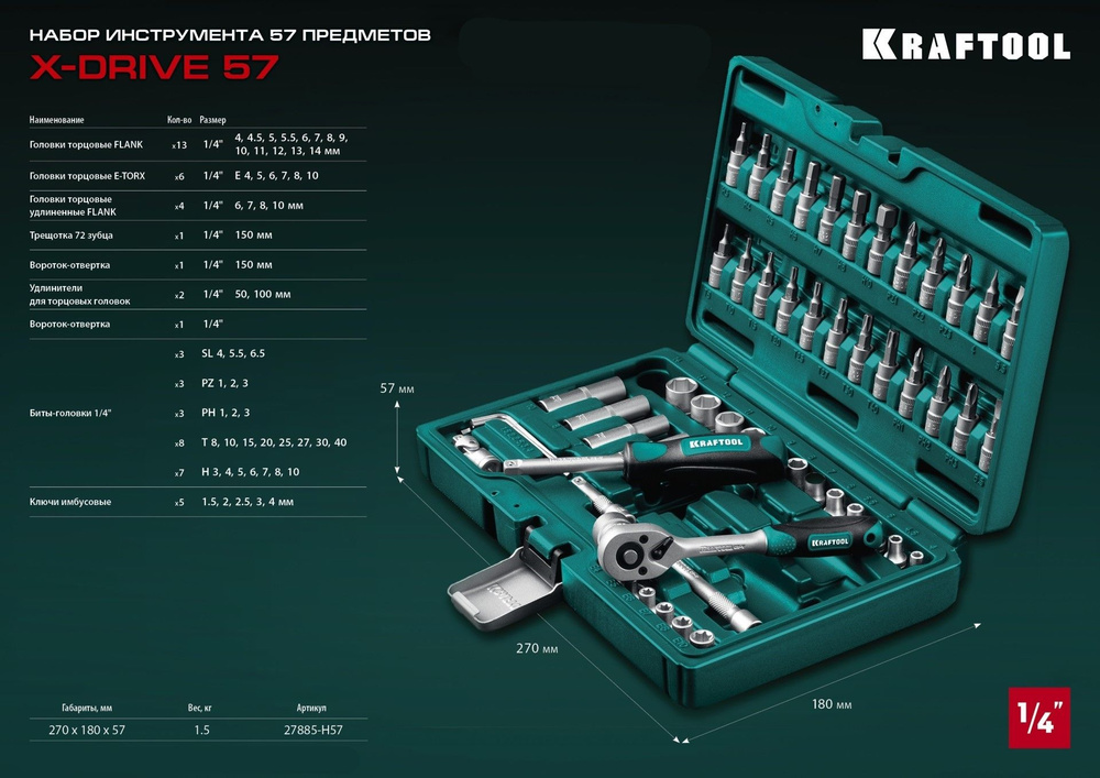 KRAFTOOL X-Drive, 57 предметов, (1/4 ), универсальный набор инструмента для автомобиля  #1