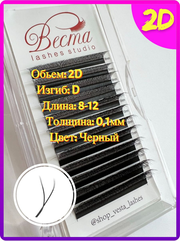 Vesta Lashes, Готовые пучки 2D, палетка mix длин 8-12 мм, Изгиб D, толщина 0.1 мм  #1